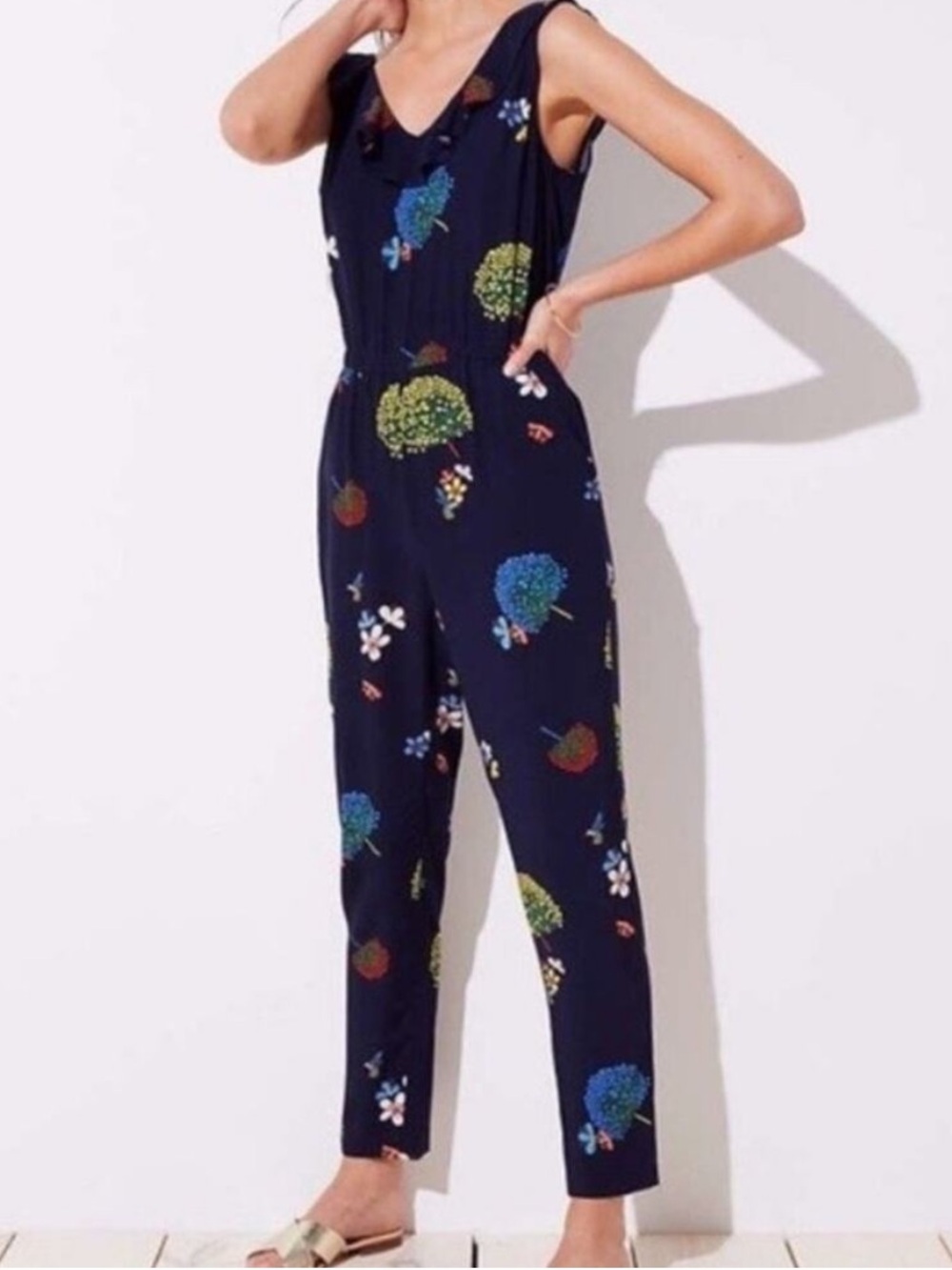 LOFT Navy Floral Sleeveless Jumpsuit
